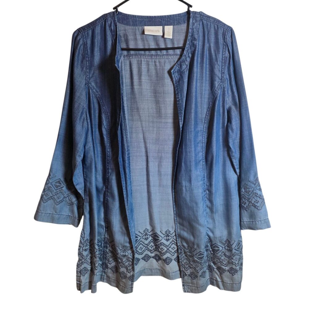 Chicos Chambray Open Front Cardigan Size 1 US M 8 Ombre Blue Embroidered
